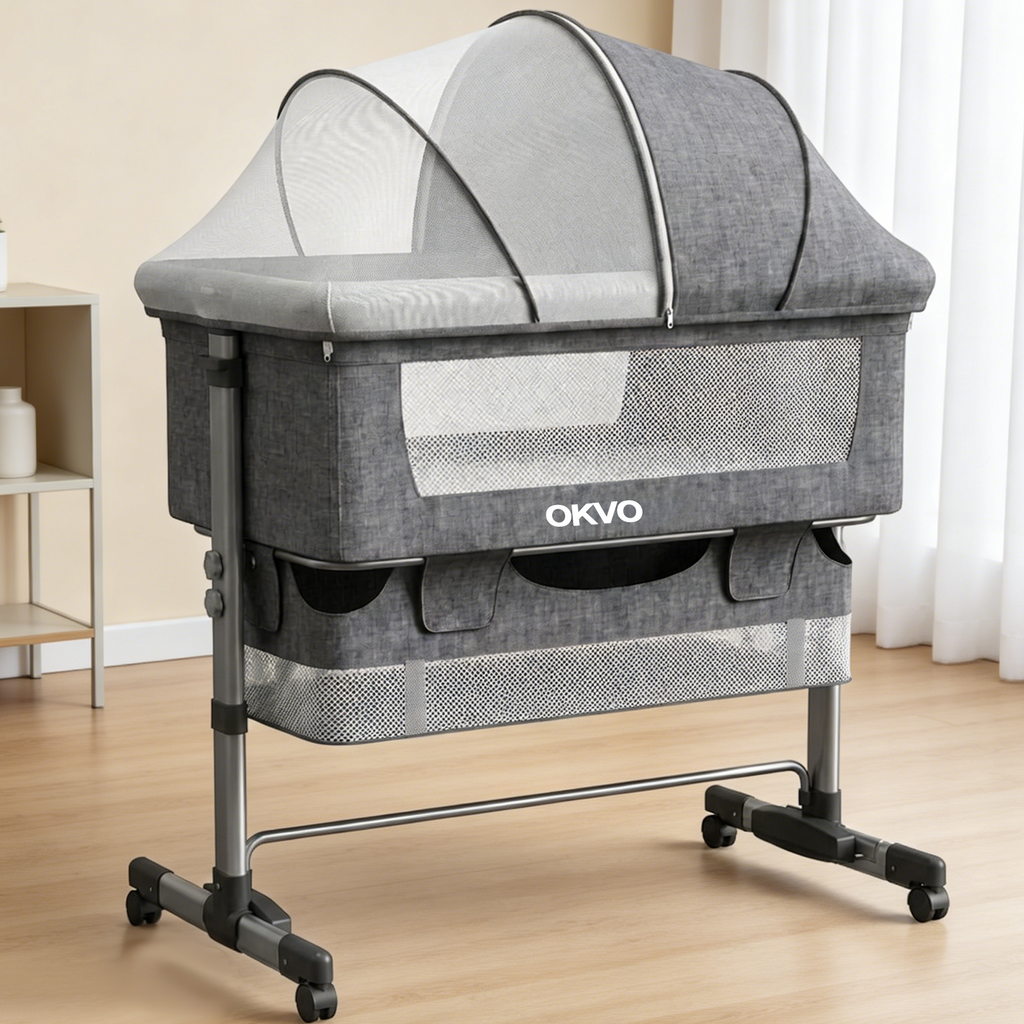 OKVO 3-in-1 Baby Bassinet Bedside Sleeper with Mosquito Net, Storage Bag and Lockable Wheels