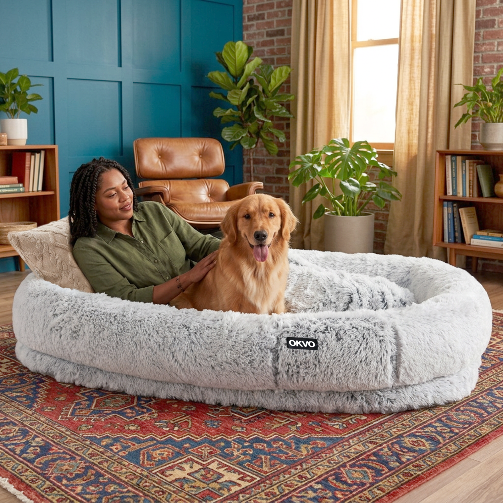 OKVO Human Dog Bed – 71"x45"x12" Washable Faux Fur Lounger for Adults & Pets, Cushion with Orthopedic Support, Includes Pillow & Blanket – Grey