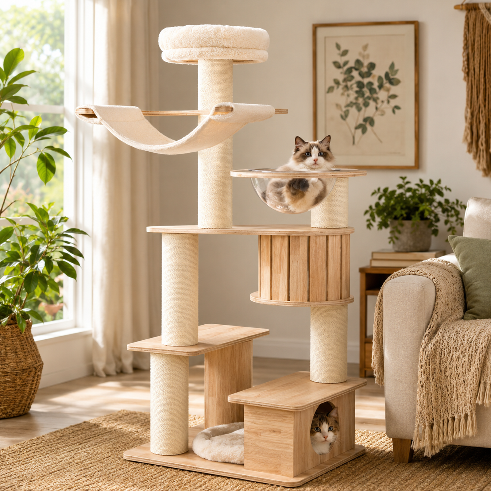 OKVO 69" Tall Cat Tree Tower with Cozy Top Perch and Washable Plush Cushions for Indoor Cats