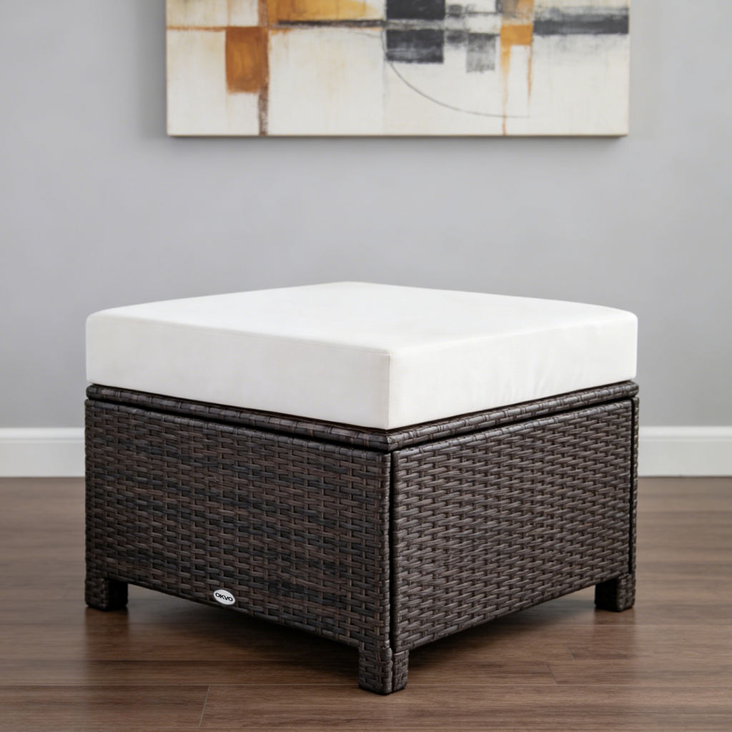 OKVO Outdoor Wicker Ottoman Footrest with Cushion, Dark Brown