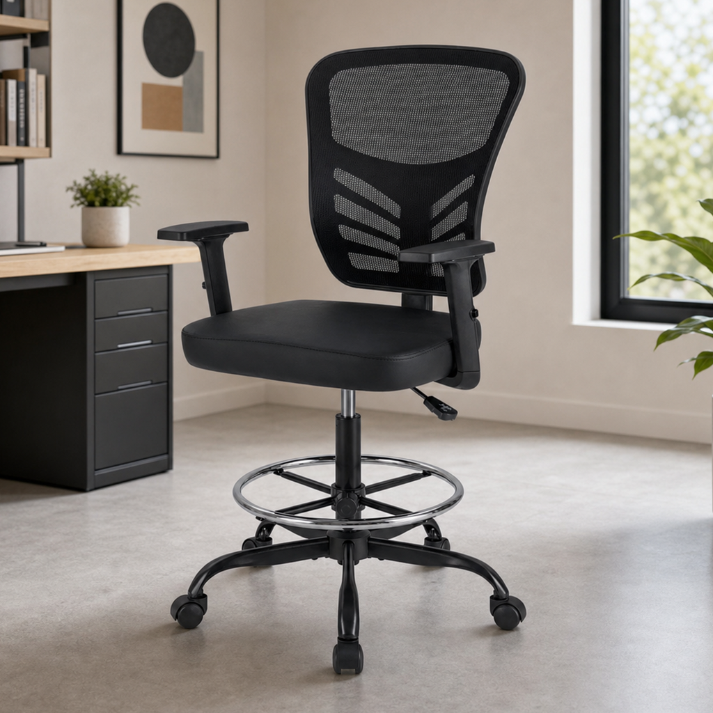 OKVO Mesh Drafting Chair with Adjustable Armrests and Foot Ring, Tall Office Chair for Desk and Studio Us
