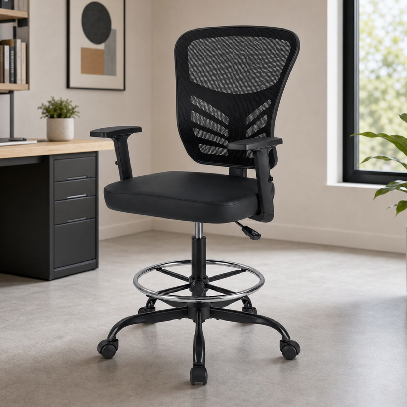 OKVO Mesh Drafting Chair with Adjustable Armrests and Foot Ring, Tall Office Chair for Desk and Studio Us