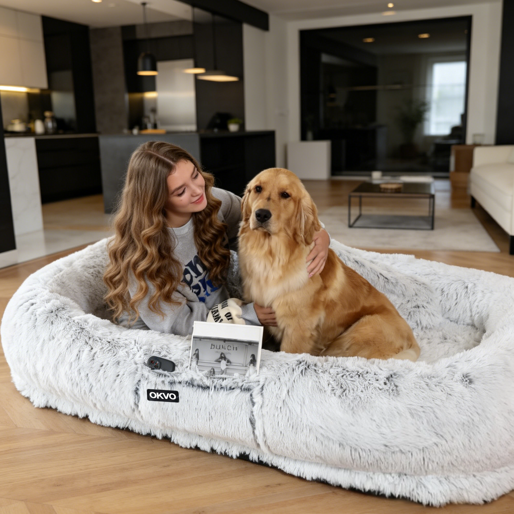 OKVO Human Dog Bed – 71"x45"x12" Washable Faux Fur Lounger for Adults & Pets, Cushion with Orthopedic Support, Includes Pillow & Blanket – Grey