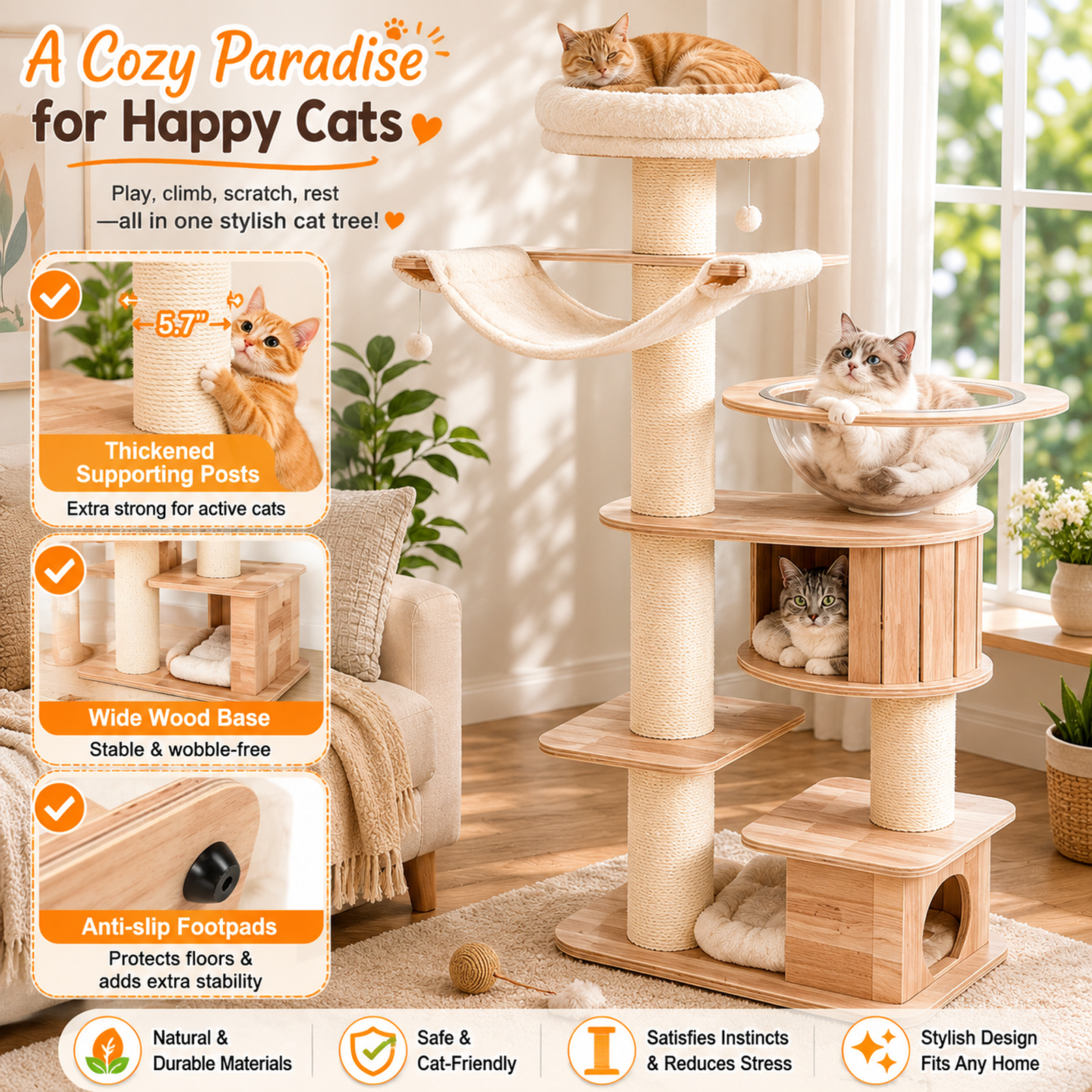 OKVO 69" Tall Cat Tree Tower with Cozy Top Perch and Washable Plush Cushions for Indoor Cats