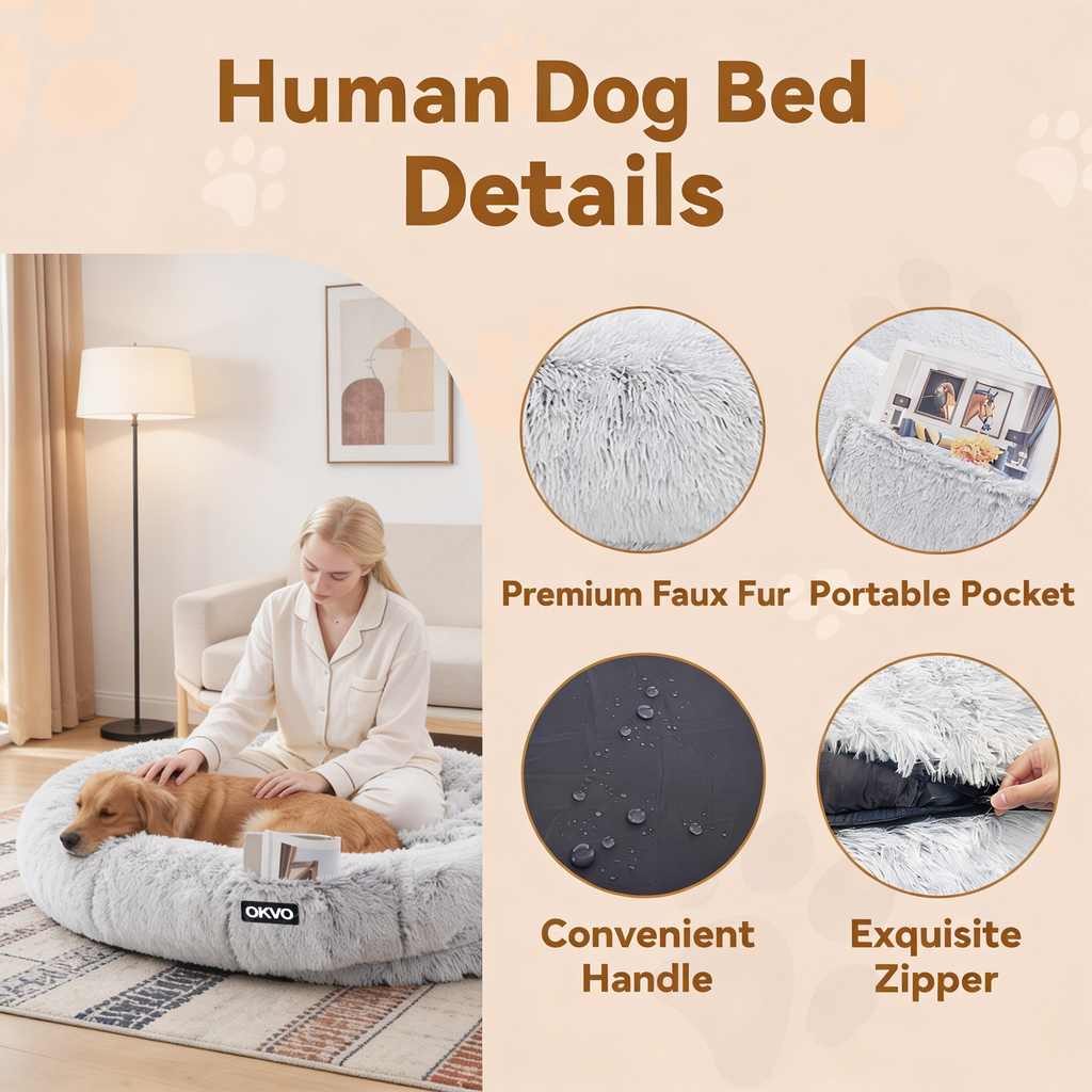 OKVO Human Dog Bed – 71"x45"x12" Washable Faux Fur Lounger for Adults & Pets, Cushion with Orthopedic Support, Includes Pillow & Blanket – Grey