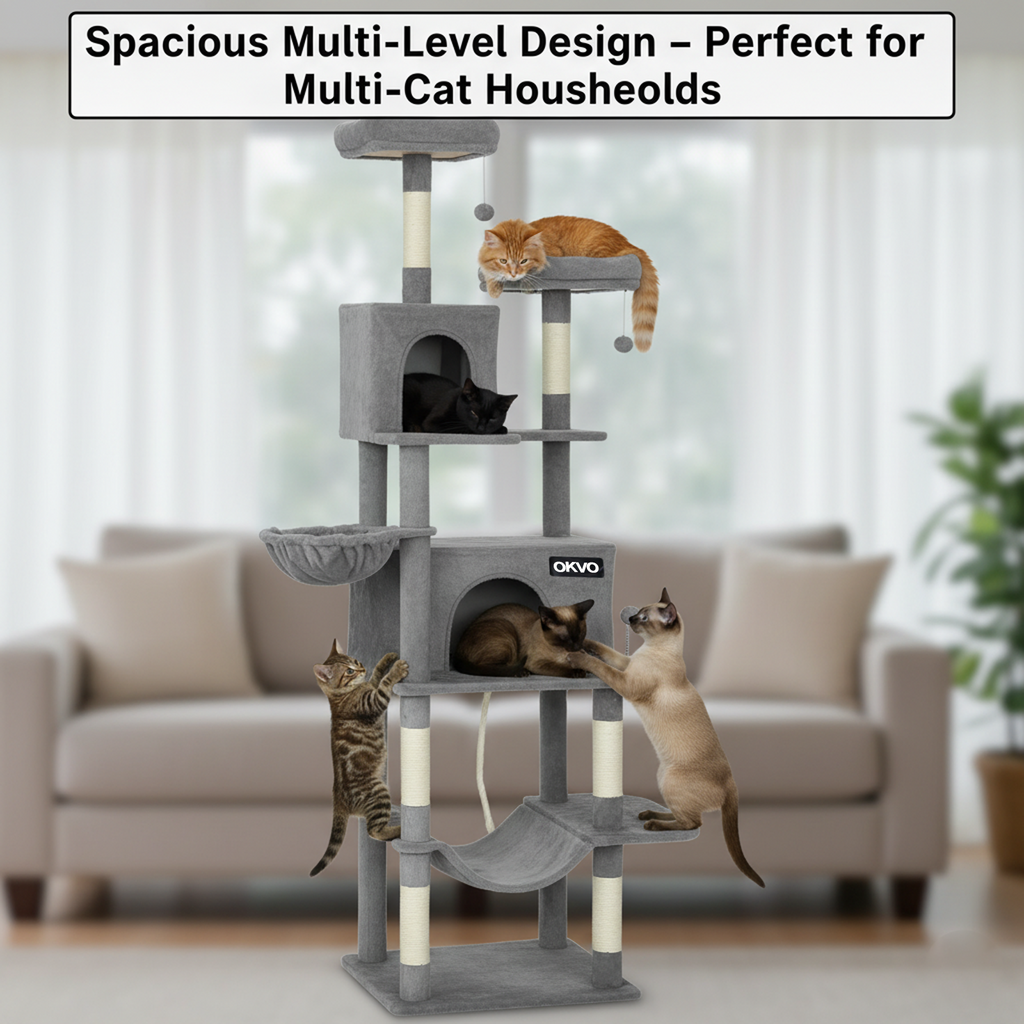 OKVO 80" Multi-Level Cat Tower with Condos, Hammocks and Scratching Posts, Dark Gray