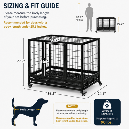 OKVO 36" Heavy Duty Dog Crate with Removable Tray, Lockable Wheels and Double Doors, Black