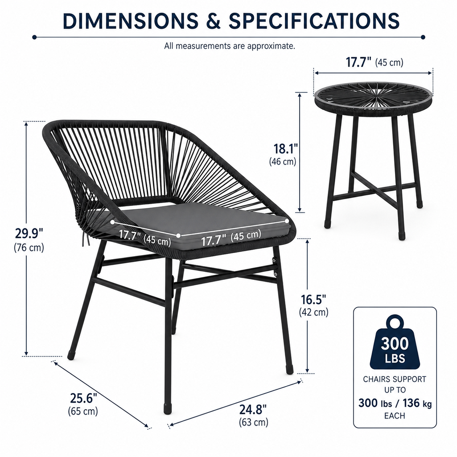 OKVO 3-Piece Wicker Bistro Set, Outdoor Patio Furniture Set with Glass Top Table and Cushioned Chairs, Black