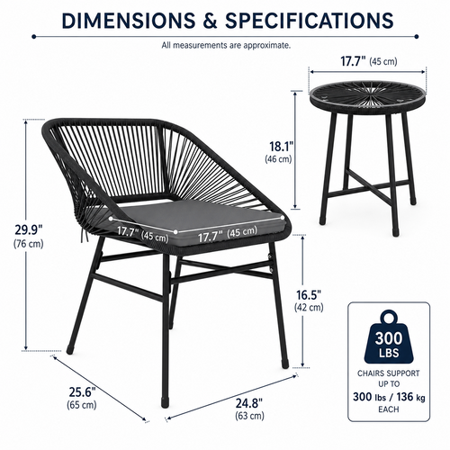 OKVO 3-Piece Wicker Bistro Set, Outdoor Patio Furniture Set with Glass Top Table and Cushioned Chairs, Black