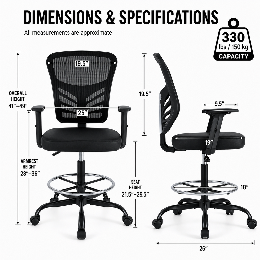 OKVO Mesh Drafting Chair with Adjustable Armrests and Foot Ring, Tall Office Chair for Desk and Studio Us