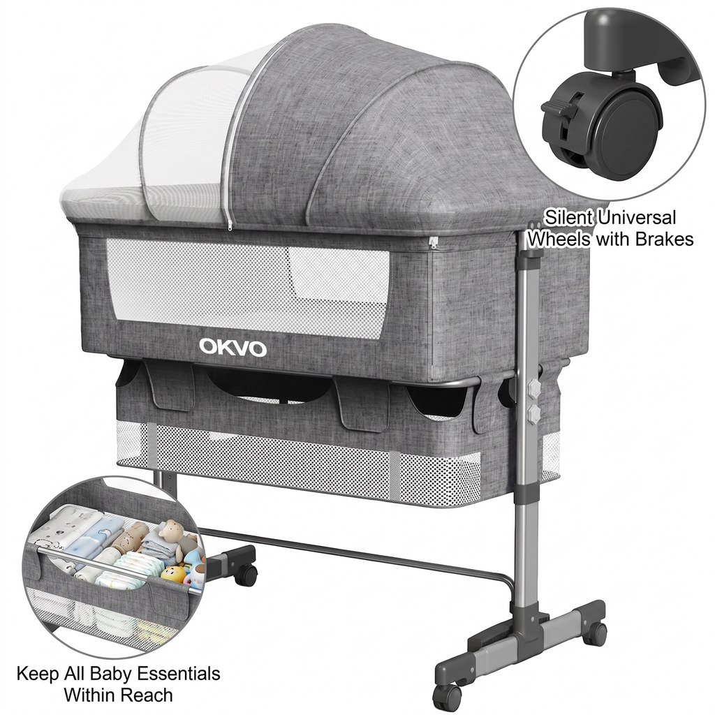 OKVO 3-in-1 Baby Bassinet Bedside Sleeper with Mosquito Net, Storage Bag and Lockable Wheels