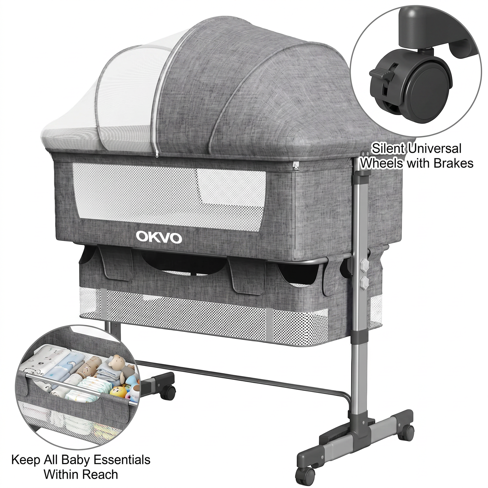 OKVO 3-in-1 Baby Bassinet Bedside Sleeper with Mosquito Net, Storage Bag and Lockable Wheels