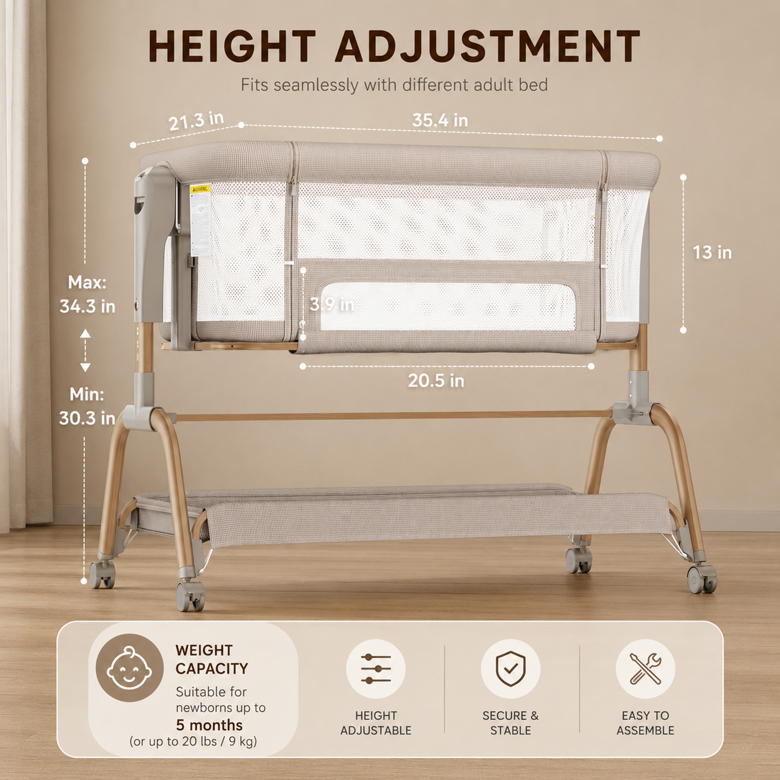 OKVO 3-in-1 Baby Bassinet Bedside Sleeper with Rocking Mode, Full Mesh Sides and Adjustable Height