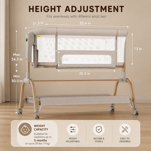 OKVO 3-in-1 Baby Bassinet Bedside Sleeper with Rocking Mode, Full Mesh Sides and Adjustable Height