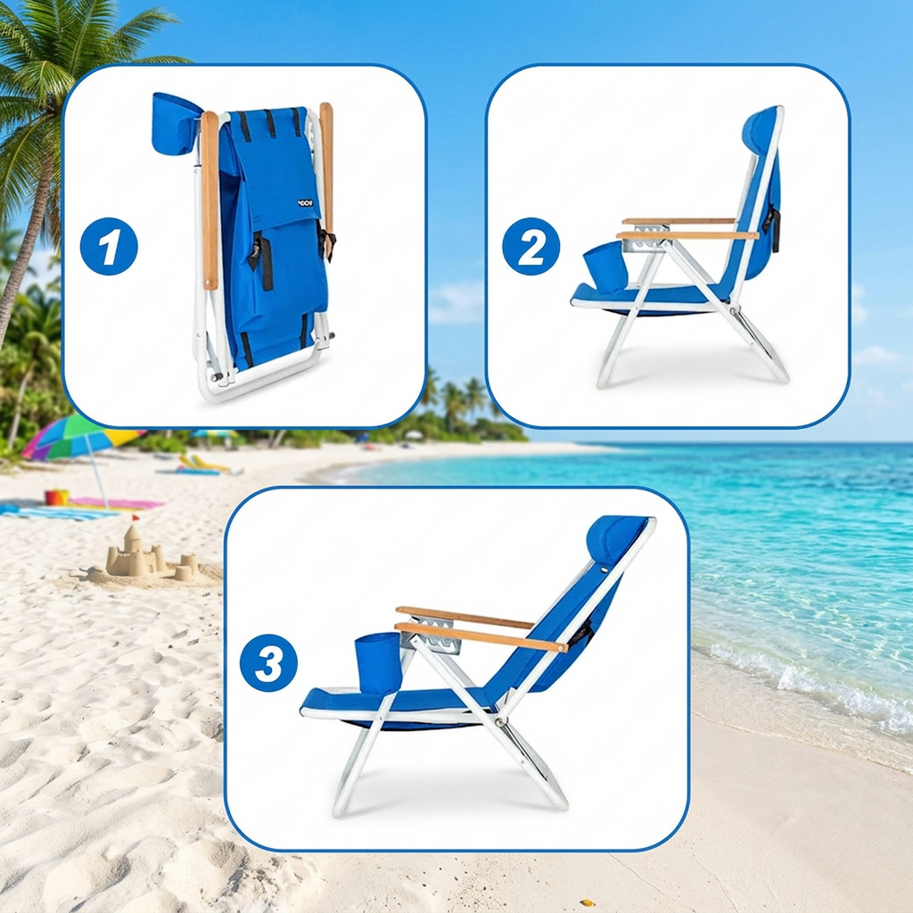OKVO Portable Folding Beach Chair with Adjustable Headrest, Blue
