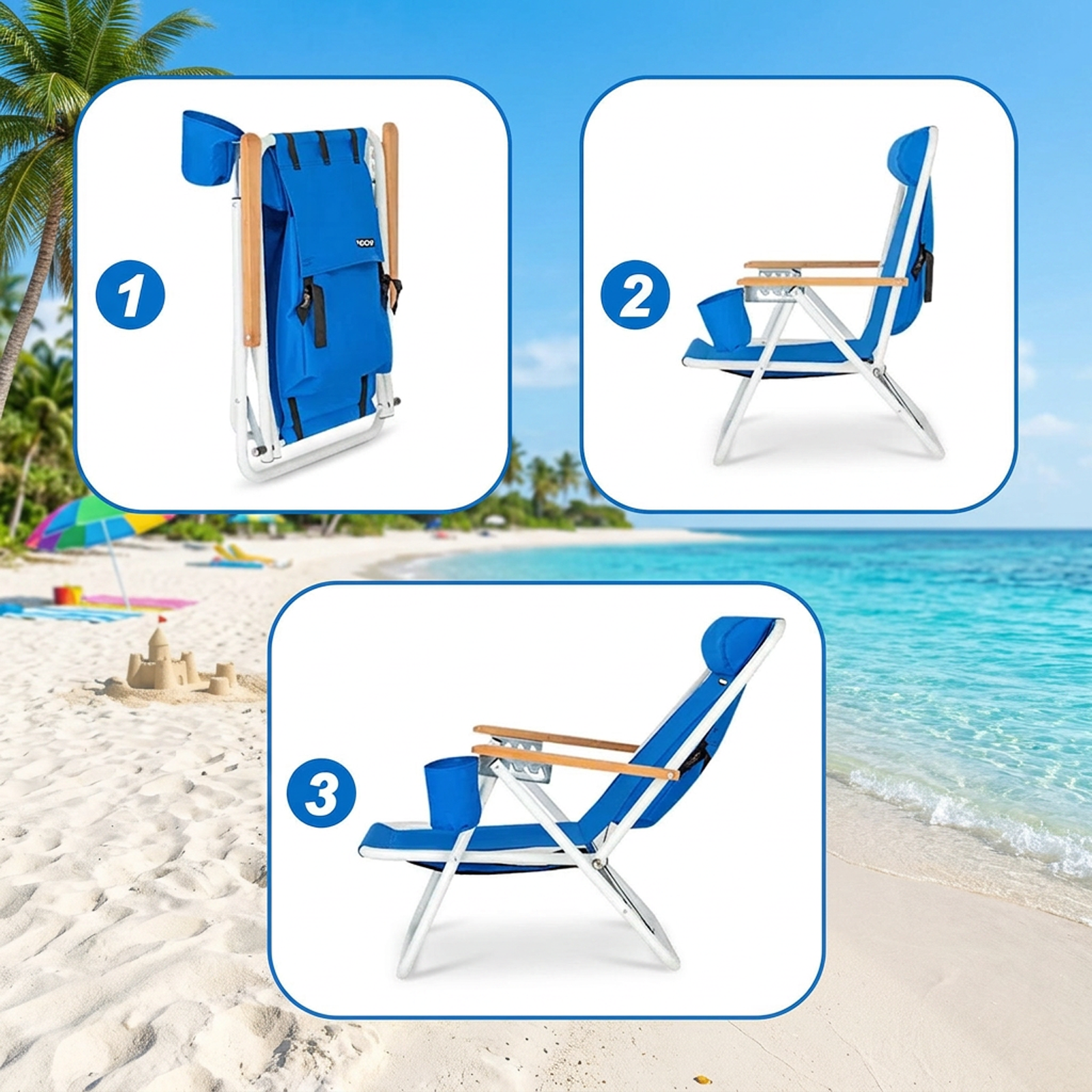 OKVO Portable Folding Beach Chair with Adjustable Headrest, Blue