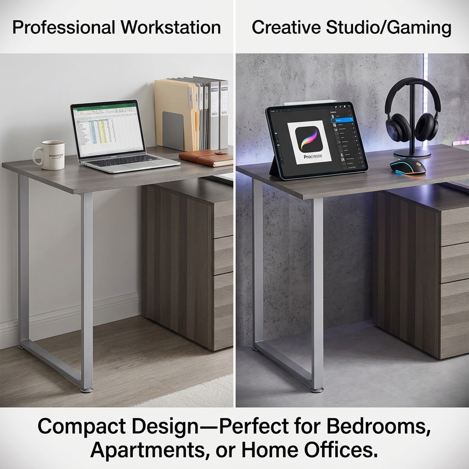 OKVO 47" Computer Desk with Reversible File Drawers, Dark Wood Grain