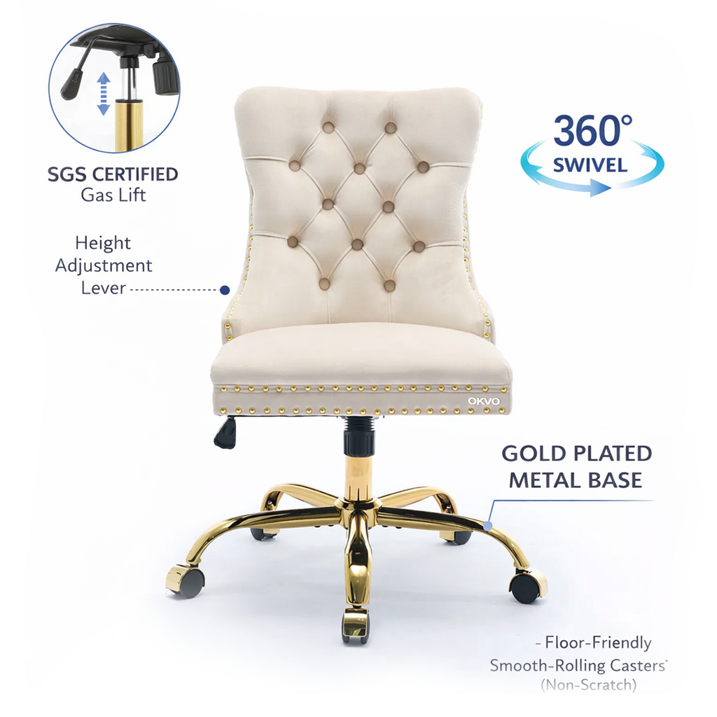OKVO Velvet Home Office Chair with Tufted Back and Gold Metal Base, Beige