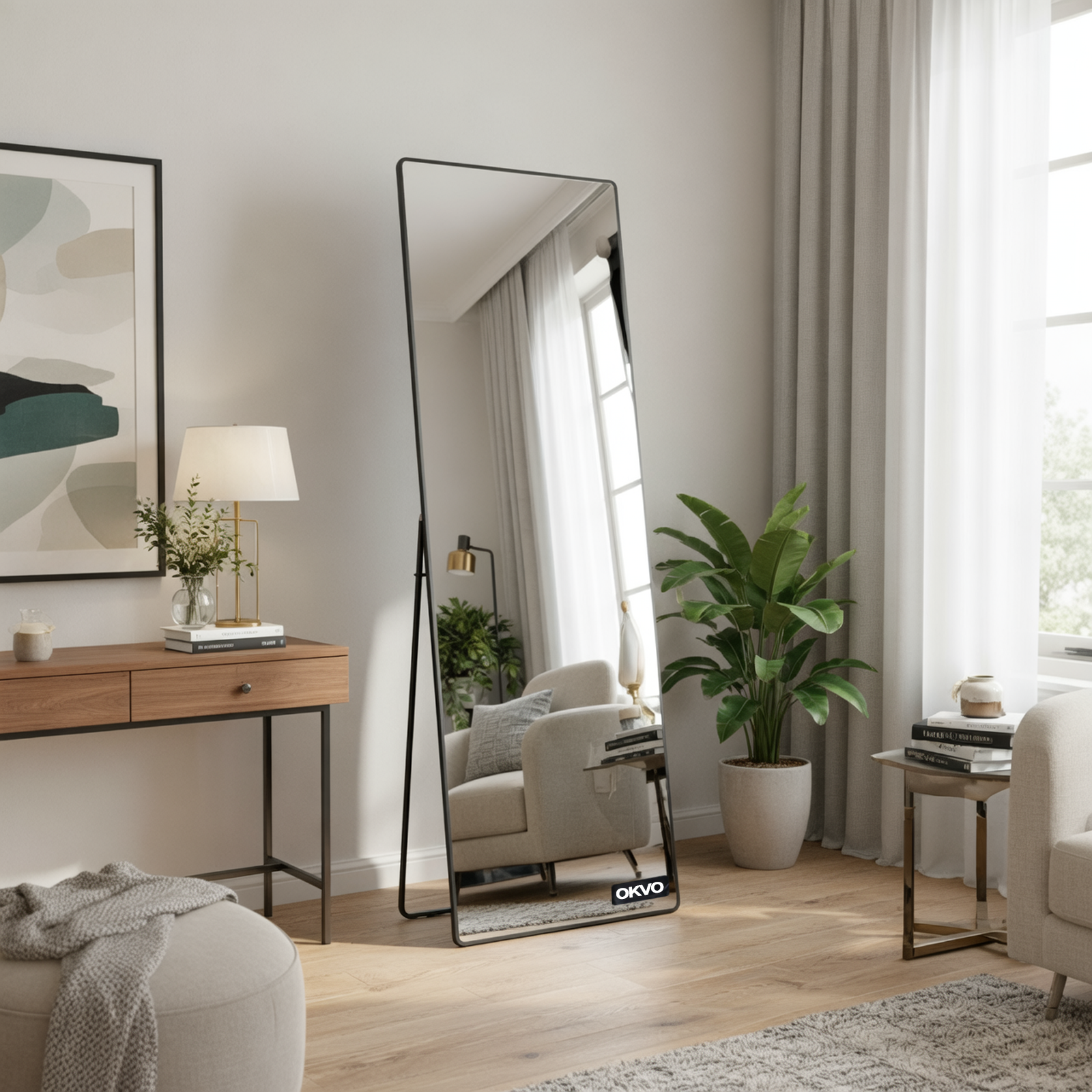 OKVO 21" x 64" Full Length Floor Mirror with Stand, Black Aluminum Frame