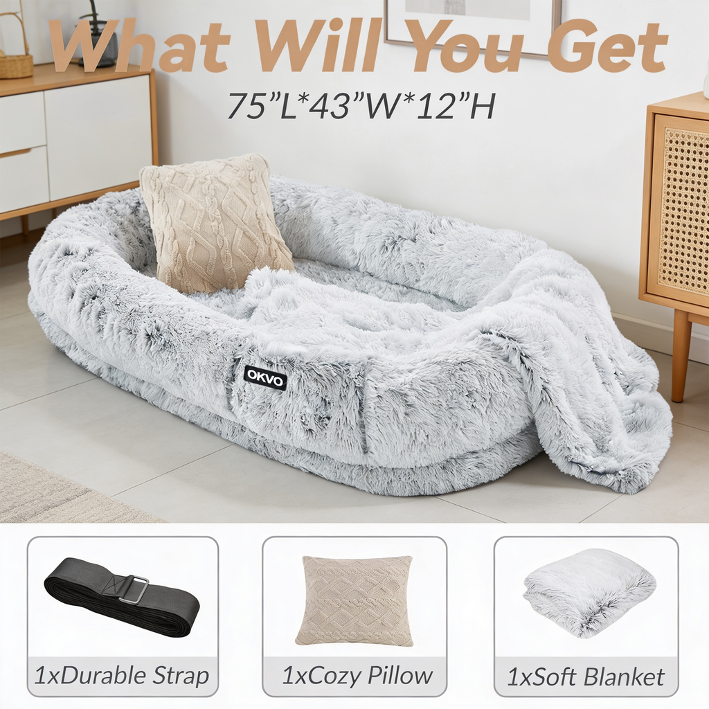 OKVO Human Dog Bed – 71"x45"x12" Washable Faux Fur Lounger for Adults & Pets, Cushion with Orthopedic Support, Includes Pillow & Blanket – Grey
