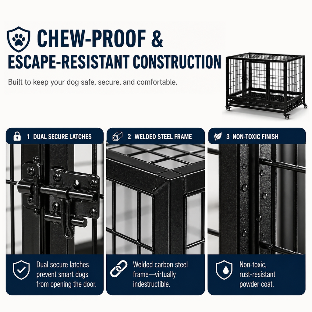 OKVO 36" Heavy Duty Dog Crate with Removable Tray, Lockable Wheels and Double Doors, Black