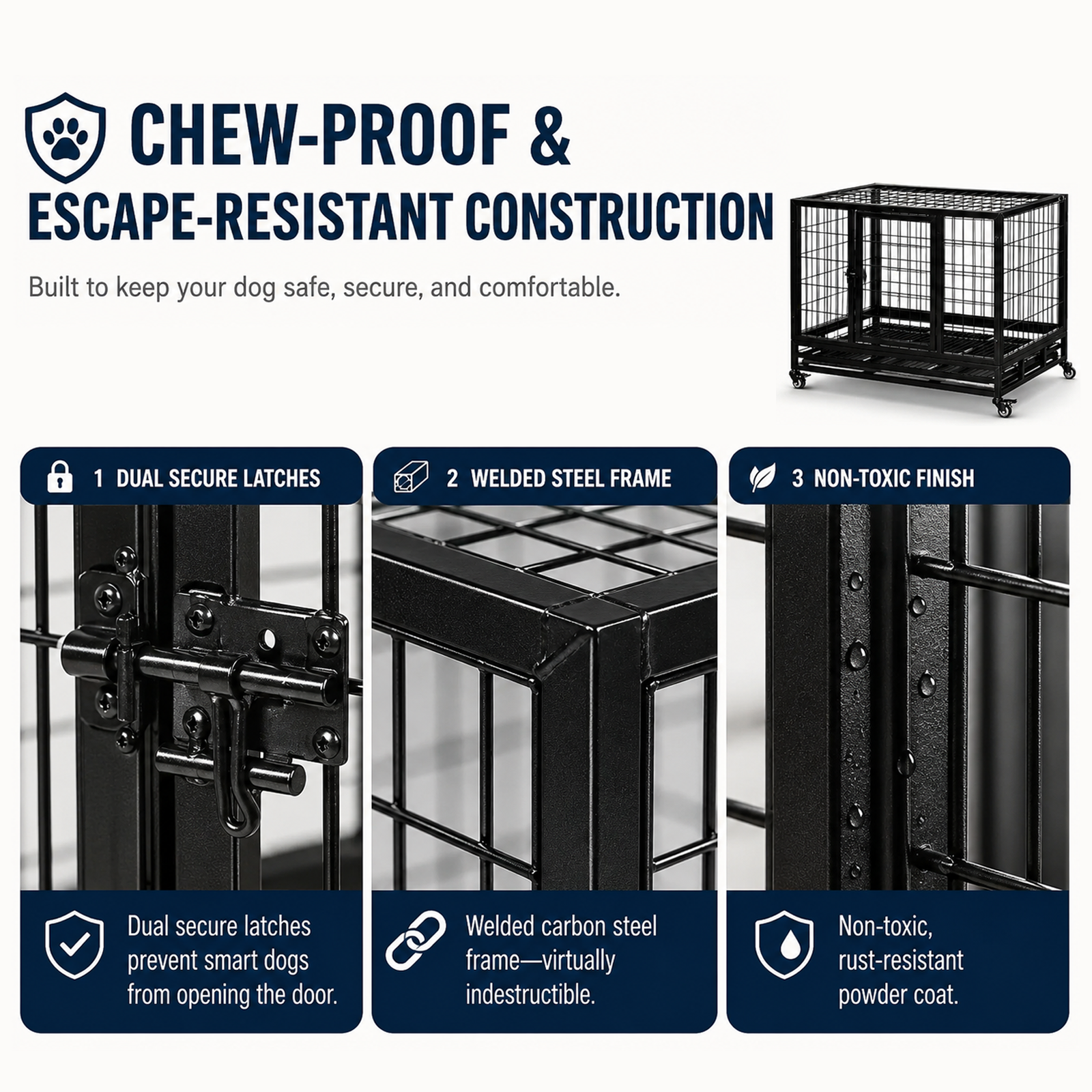 OKVO 36" Heavy Duty Dog Crate with Removable Tray, Lockable Wheels and Double Doors, Black