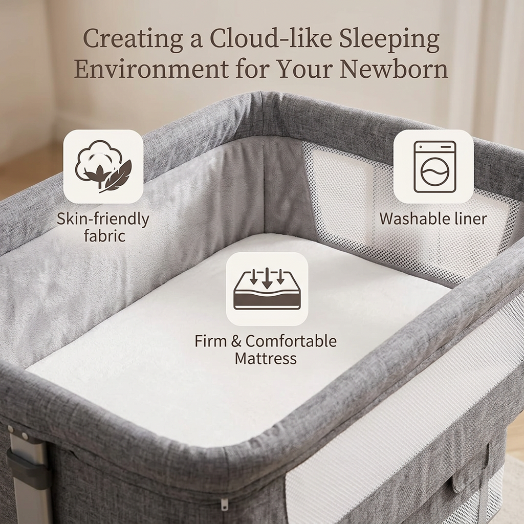 OKVO 3-in-1 Baby Bassinet Bedside Sleeper with Mosquito Net, Storage Bag and Lockable Wheels
