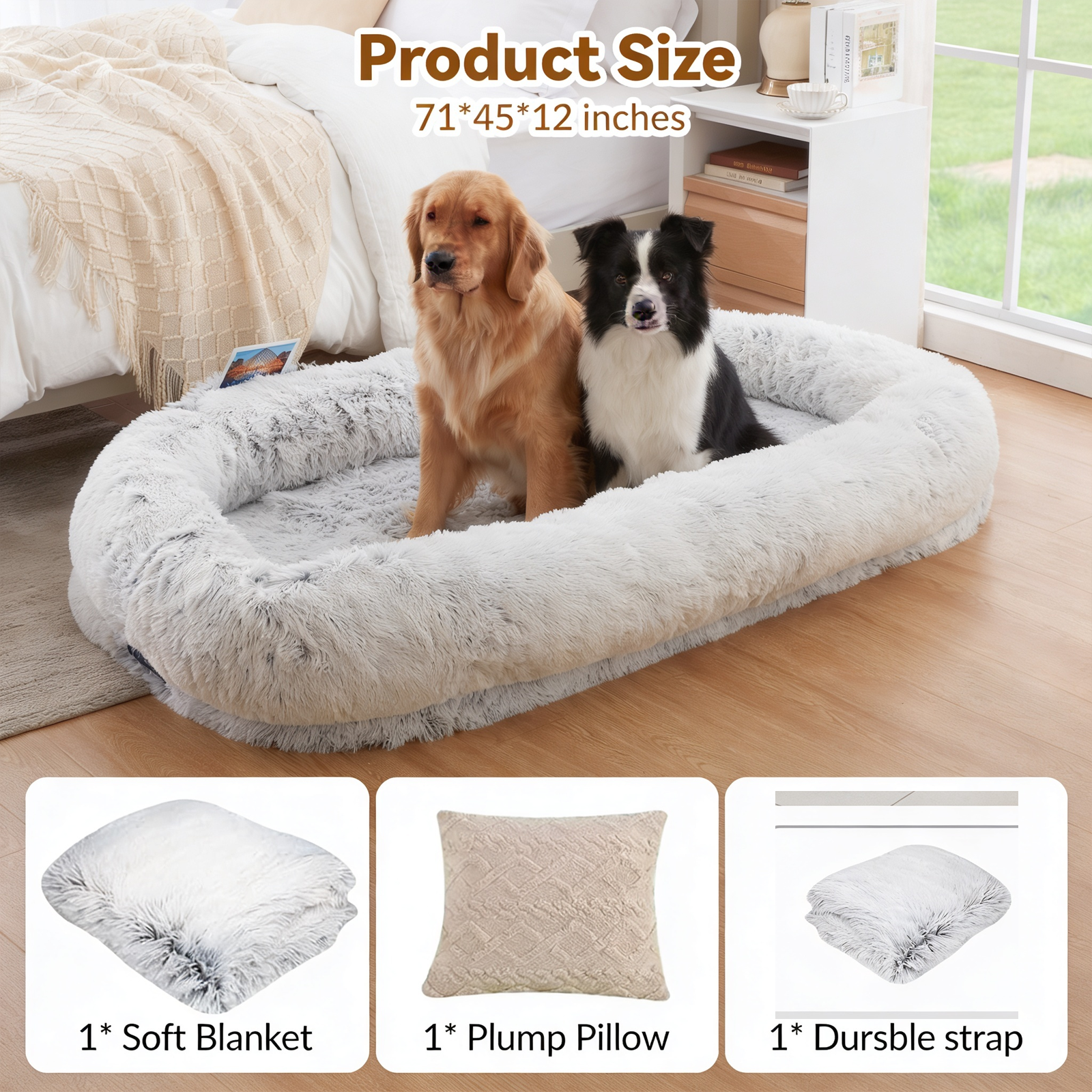 OKVO Human Dog Bed – 71"x45"x12" Washable Faux Fur Lounger for Adults & Pets, Cushion with Orthopedic Support, Includes Pillow & Blanket – Grey