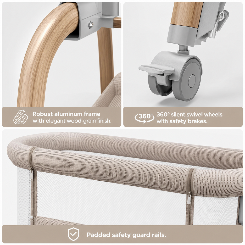 OKVO 3-in-1 Baby Bassinet Bedside Sleeper with Rocking Mode, Full Mesh Sides and Adjustable Height
