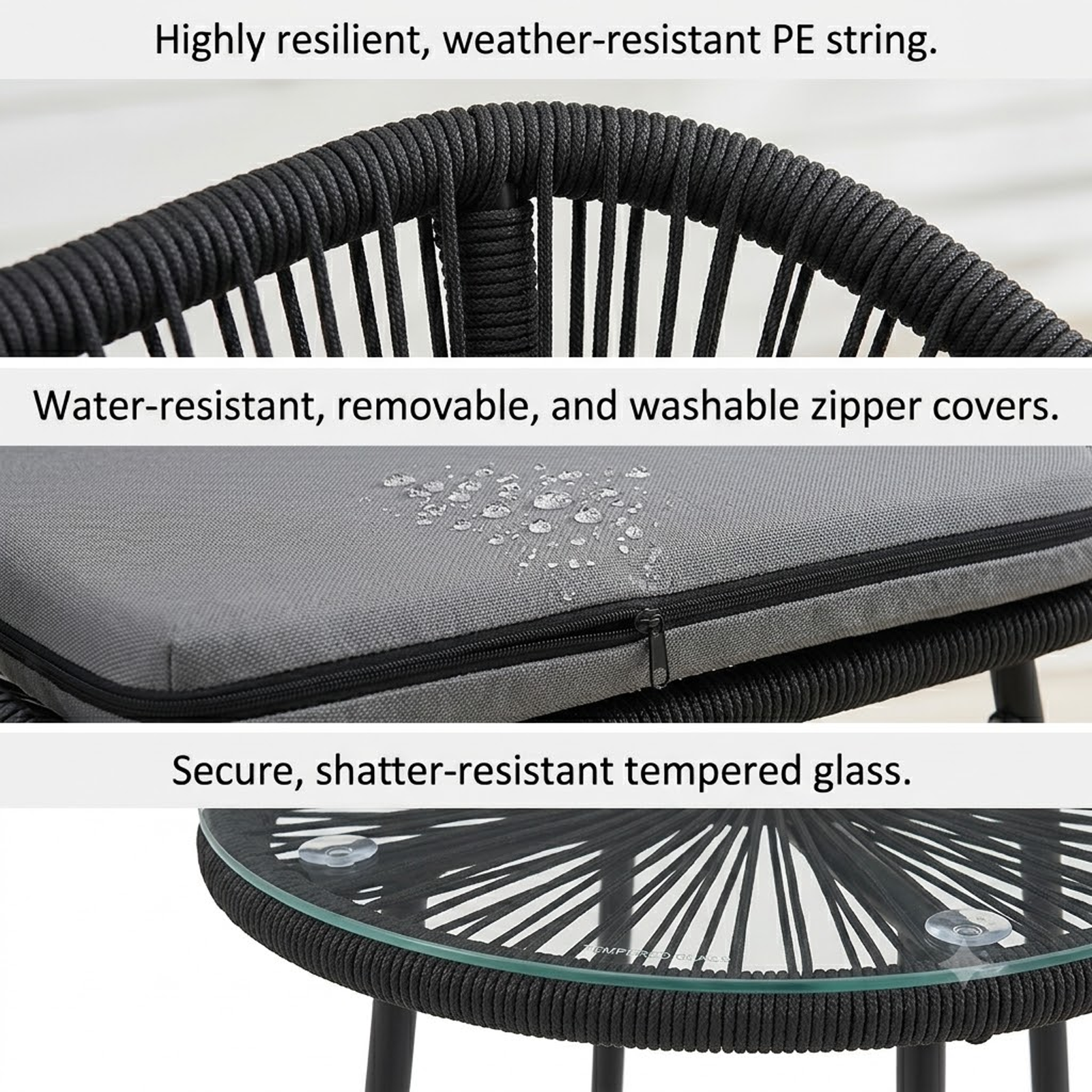 OKVO 3-Piece Wicker Bistro Set, Outdoor Patio Furniture Set with Glass Top Table and Cushioned Chairs, Black