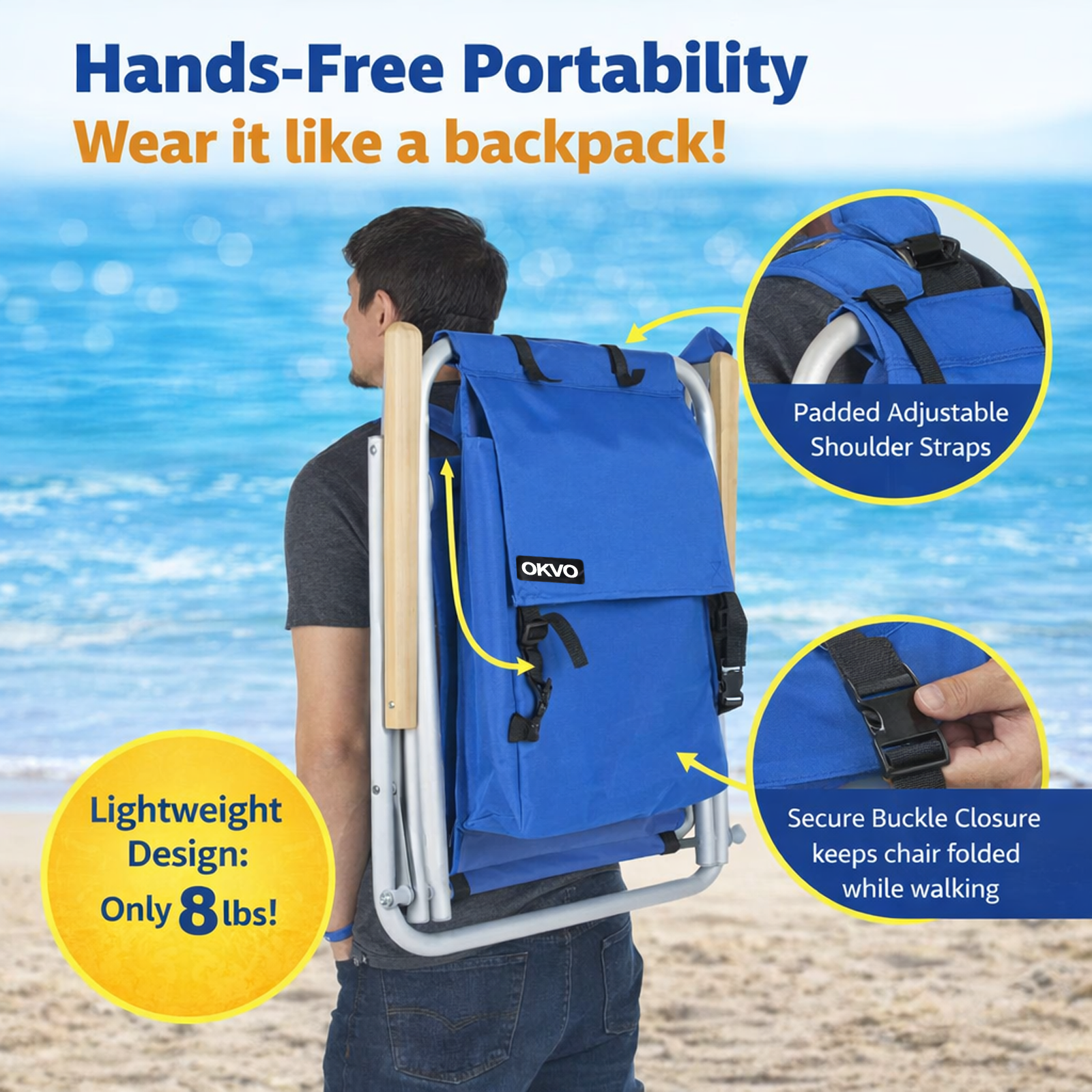 OKVO Portable Folding Beach Chair with Adjustable Headrest, Blue