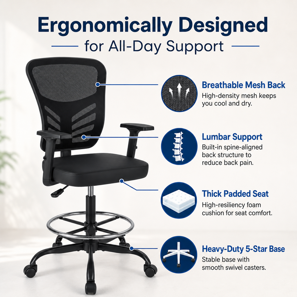 OKVO Mesh Drafting Chair with Adjustable Armrests and Foot Ring, Tall Office Chair for Desk and Studio Us