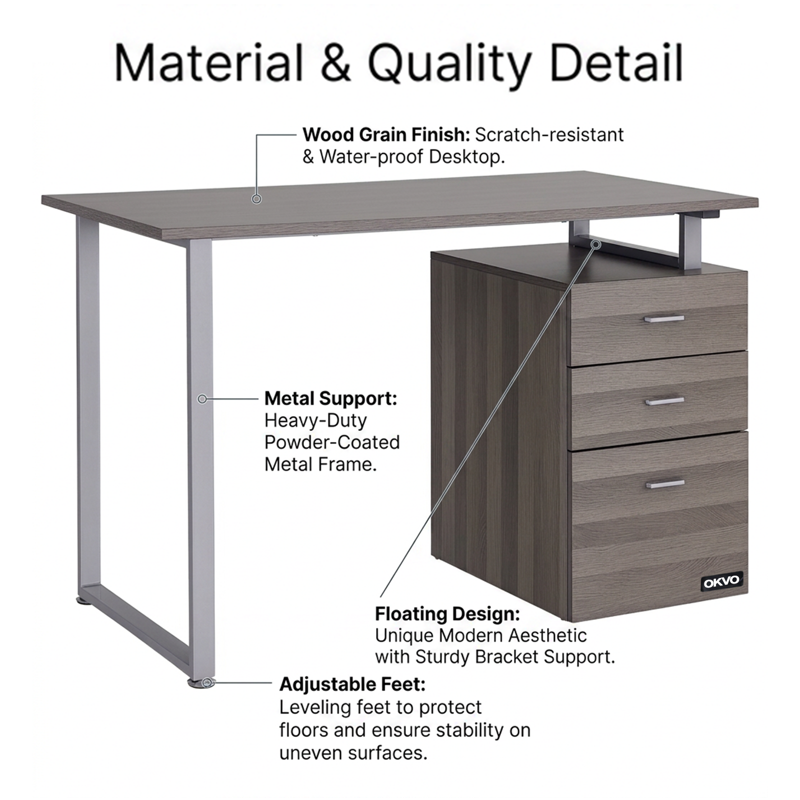 OKVO 47" Computer Desk with Reversible File Drawers, Dark Wood Grain