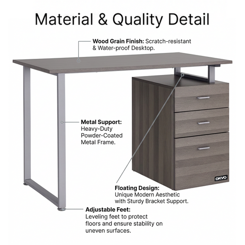 OKVO 47" Computer Desk with Reversible File Drawers, Dark Wood Grain