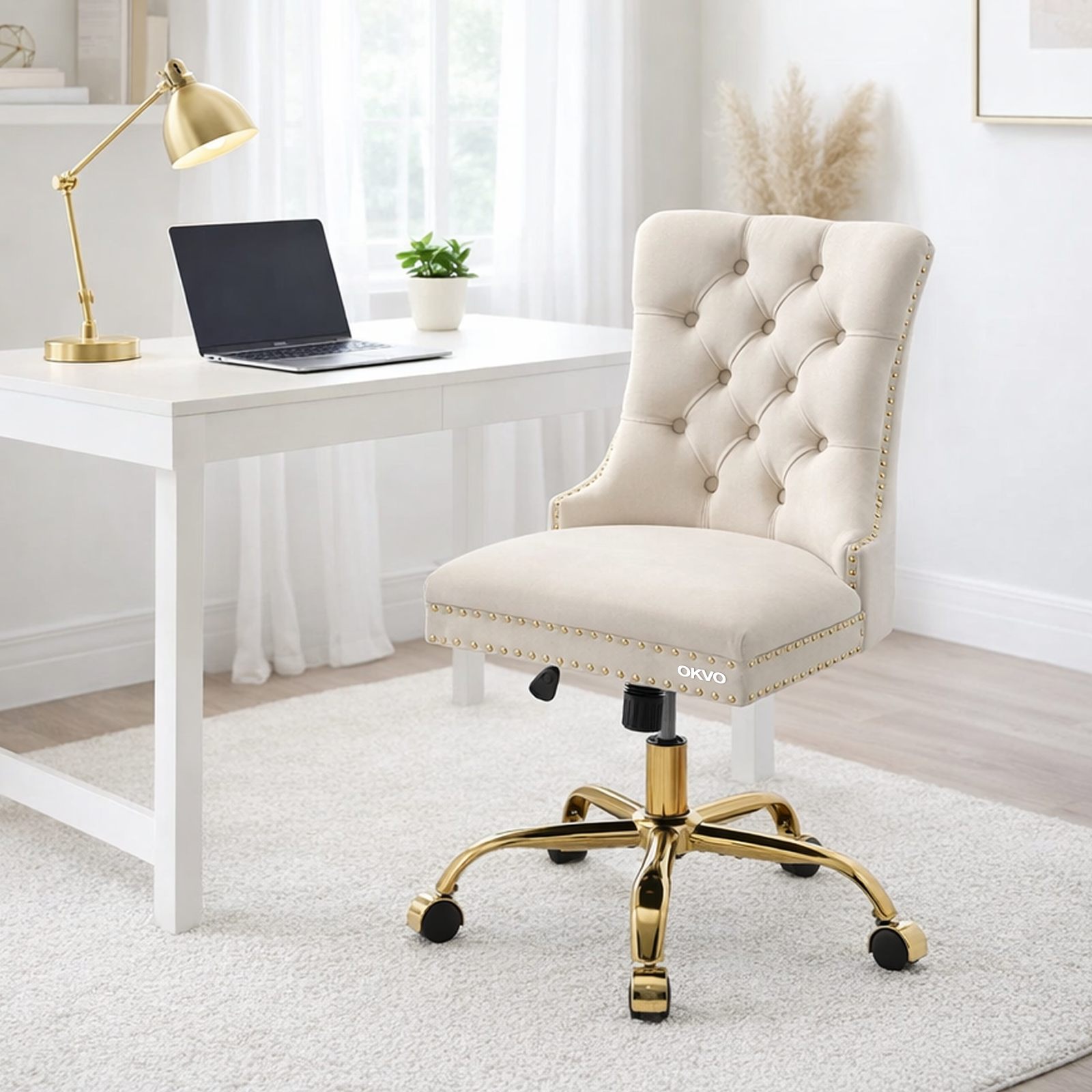 OKVO Velvet Home Office Chair with Tufted Back and Gold Metal Base, Beige