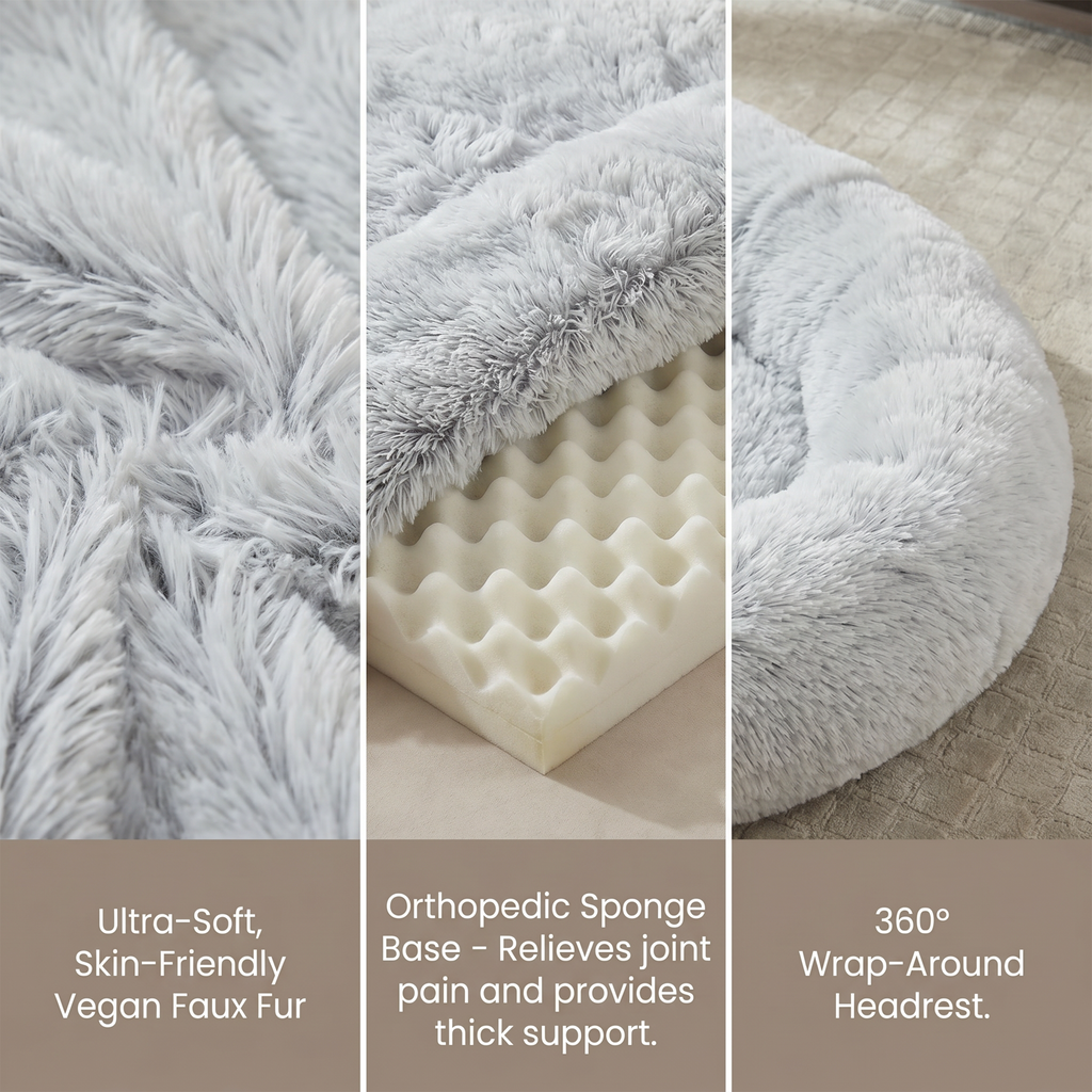 OKVO Human Dog Bed – 71"x45"x12" Washable Faux Fur Lounger for Adults & Pets, Cushion with Orthopedic Support, Includes Pillow & Blanket – Grey