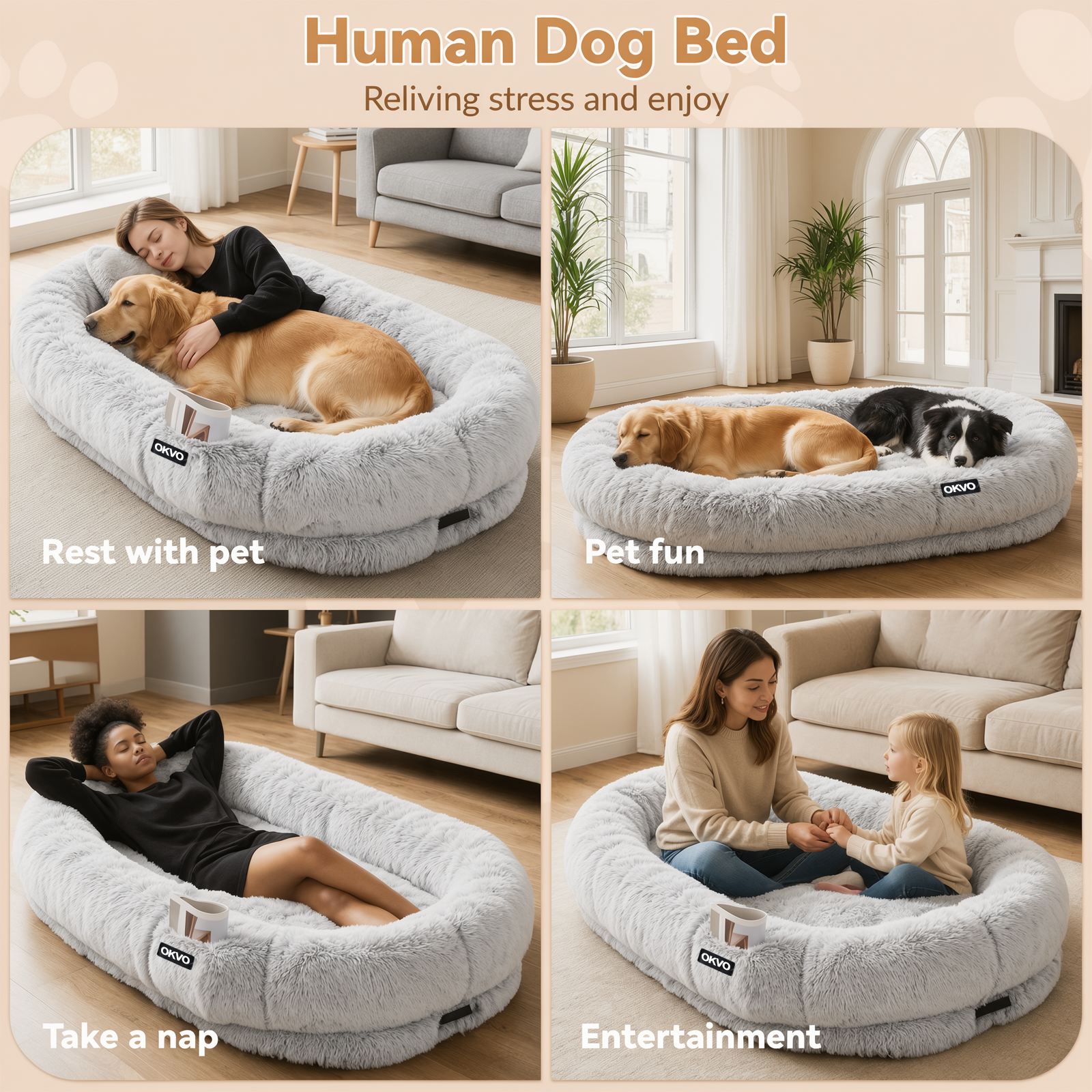OKVO Human Dog Bed – 71"x45"x12" Washable Faux Fur Lounger for Adults & Pets, Cushion with Orthopedic Support, Includes Pillow & Blanket – Grey