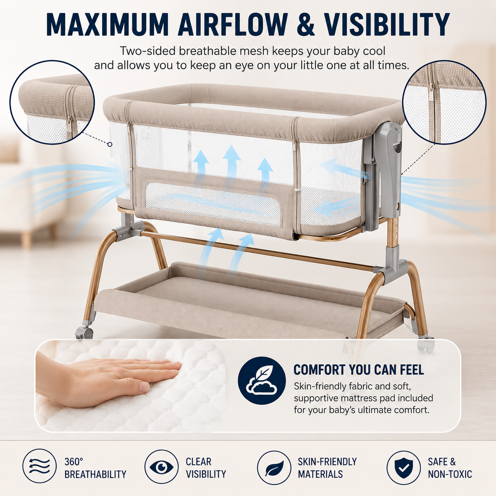 OKVO 3-in-1 Baby Bassinet Bedside Sleeper with Rocking Mode, Full Mesh Sides and Adjustable Height