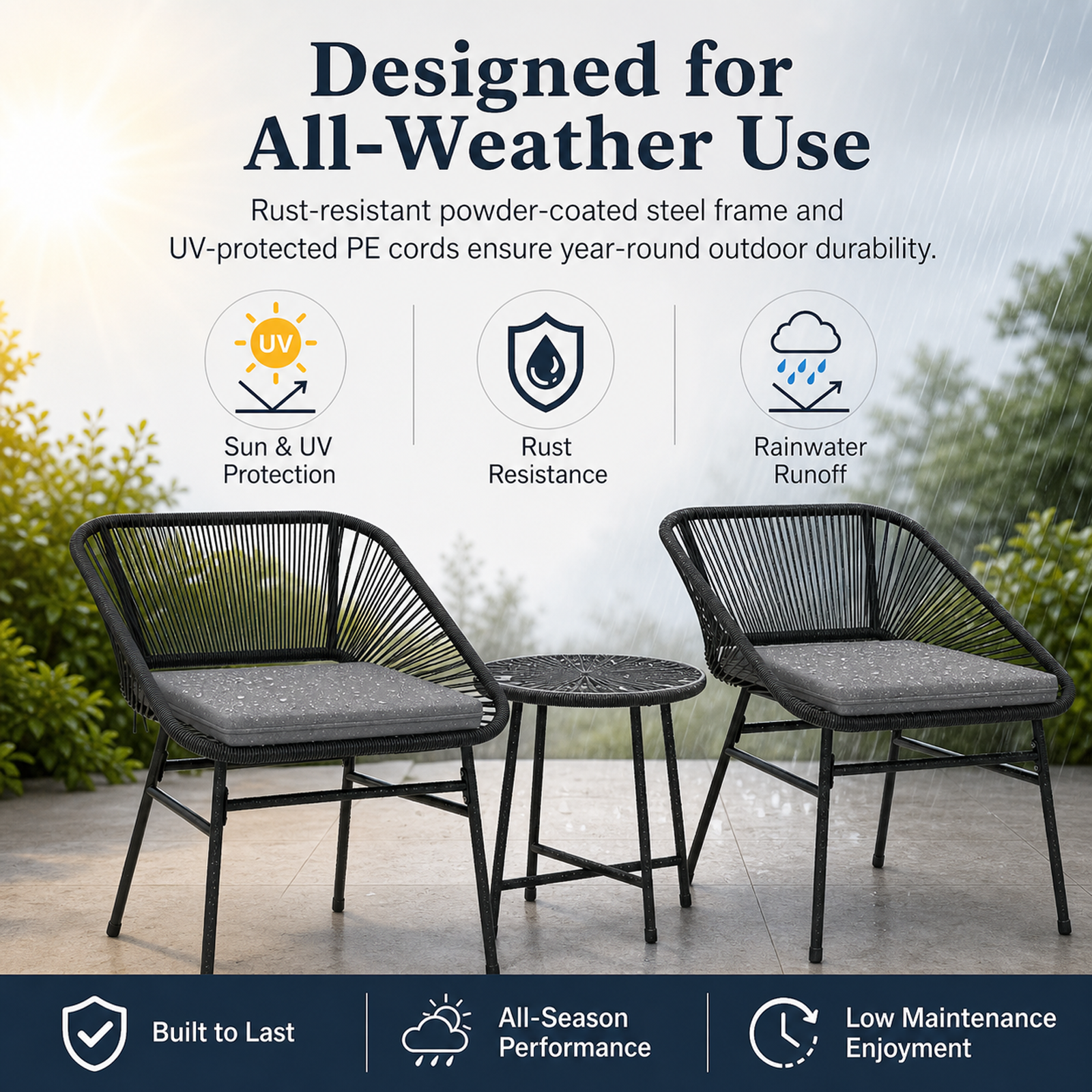 OKVO 3-Piece Wicker Bistro Set, Outdoor Patio Furniture Set with Glass Top Table and Cushioned Chairs, Black
