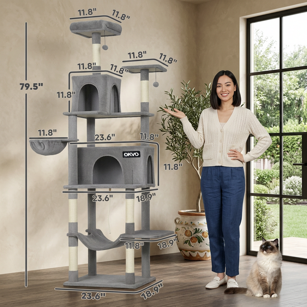 OKVO 80" Multi-Level Cat Tower with Condos, Hammocks and Scratching Posts, Dark Gray