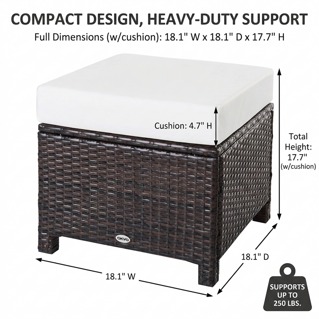 OKVO Outdoor Wicker Ottoman Footrest with Cushion, Dark Brown