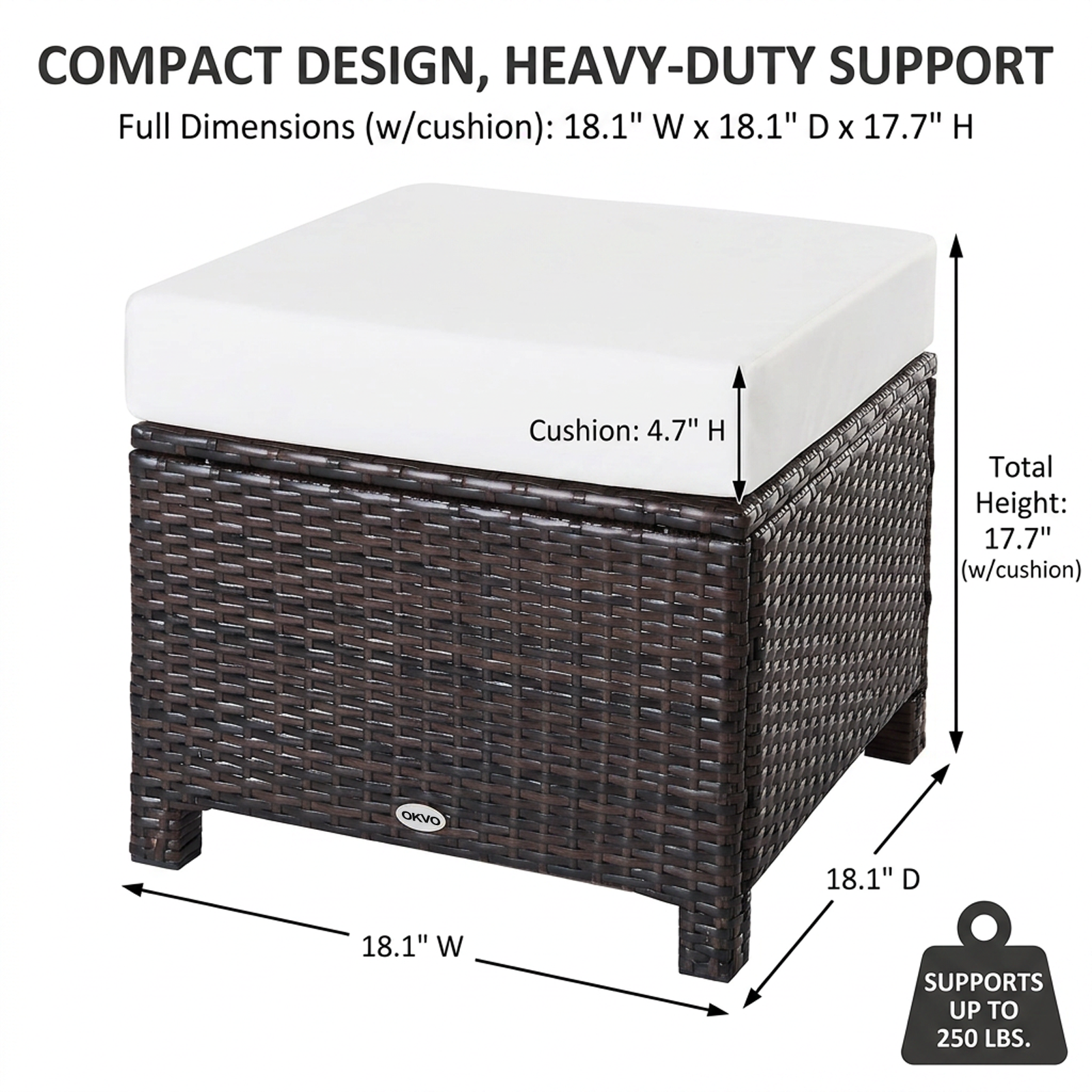 OKVO Outdoor Wicker Ottoman Footrest with Cushion, Dark Brown