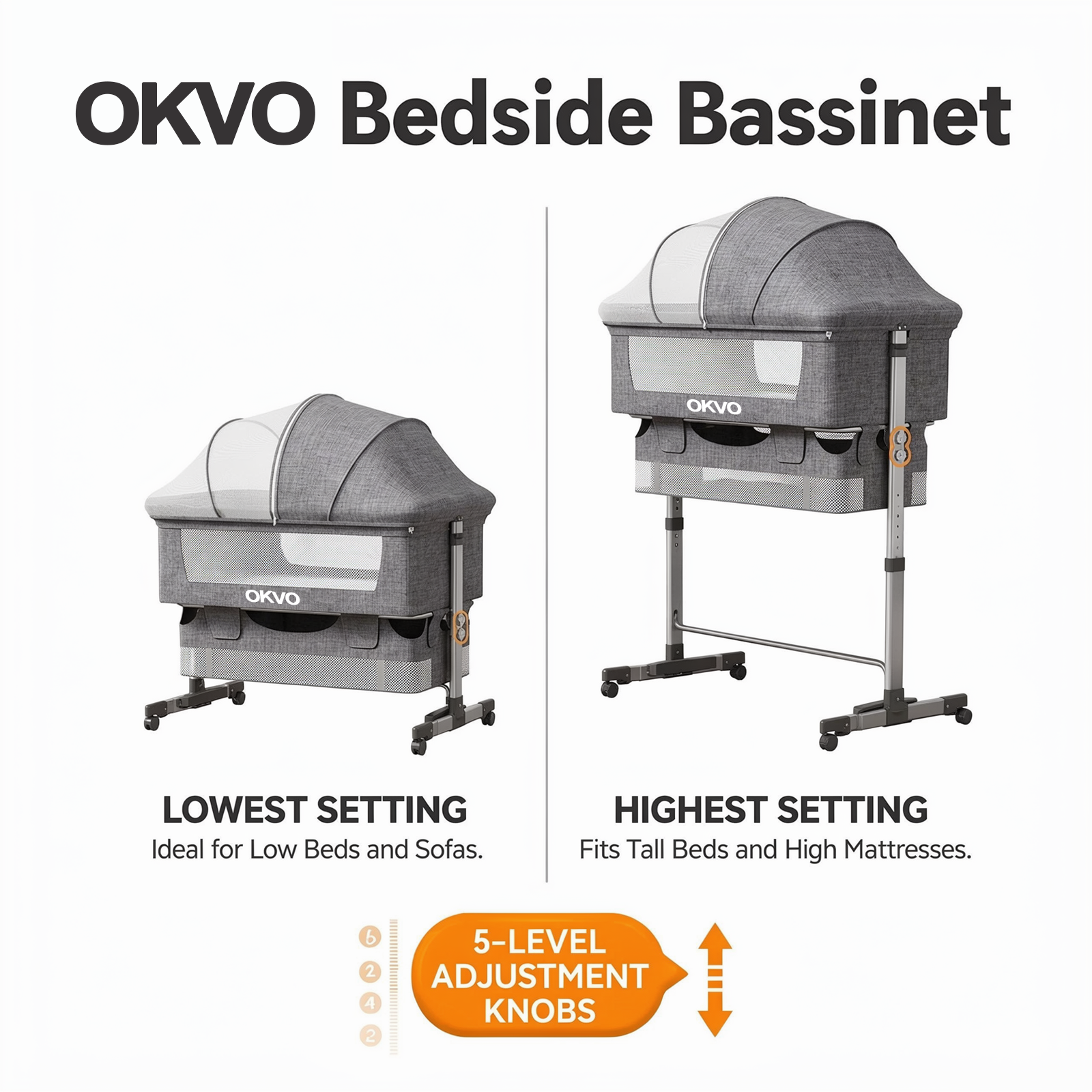 OKVO 3-in-1 Baby Bassinet Bedside Sleeper with Mosquito Net, Storage Bag and Lockable Wheels