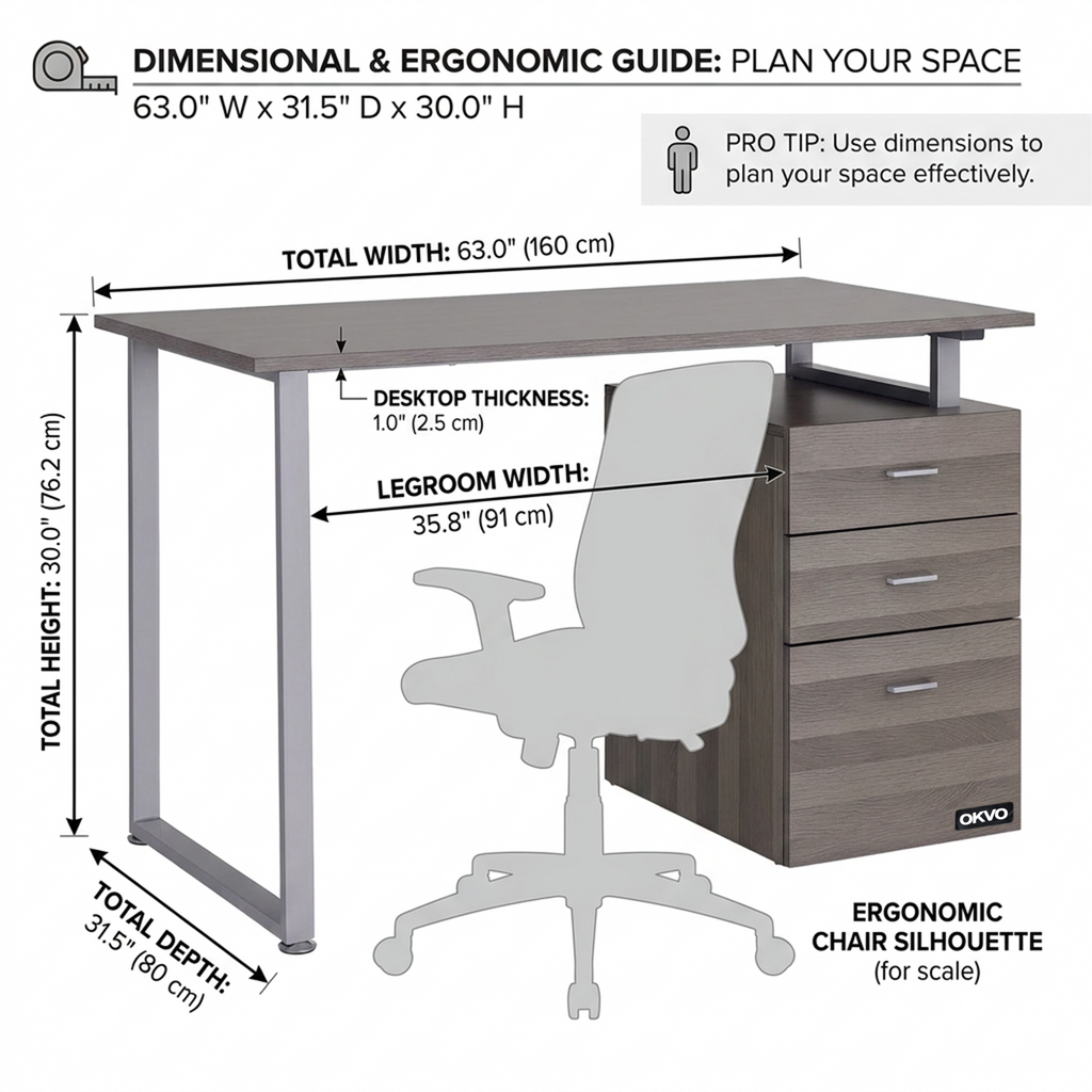 OKVO 47" Computer Desk with Reversible File Drawers, Dark Wood Grain