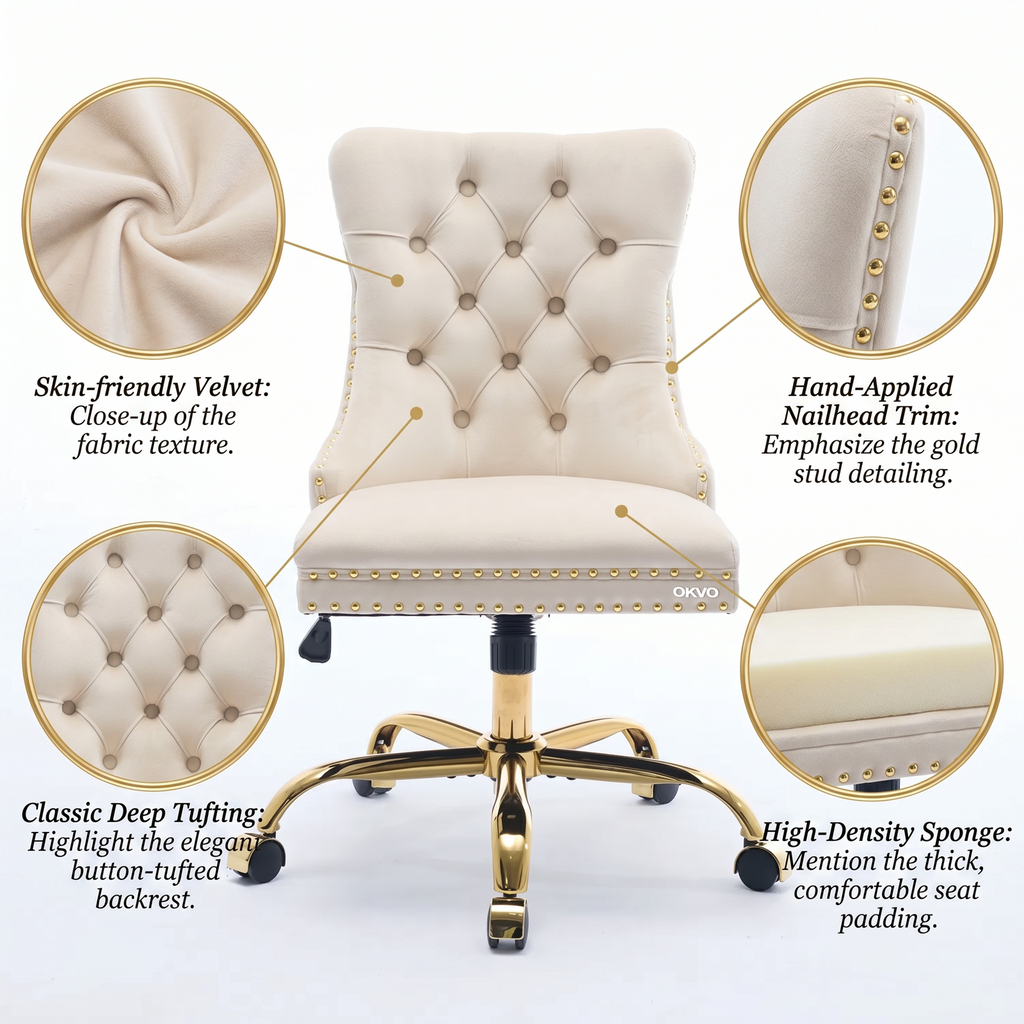OKVO Velvet Home Office Chair with Tufted Back and Gold Metal Base, Beige