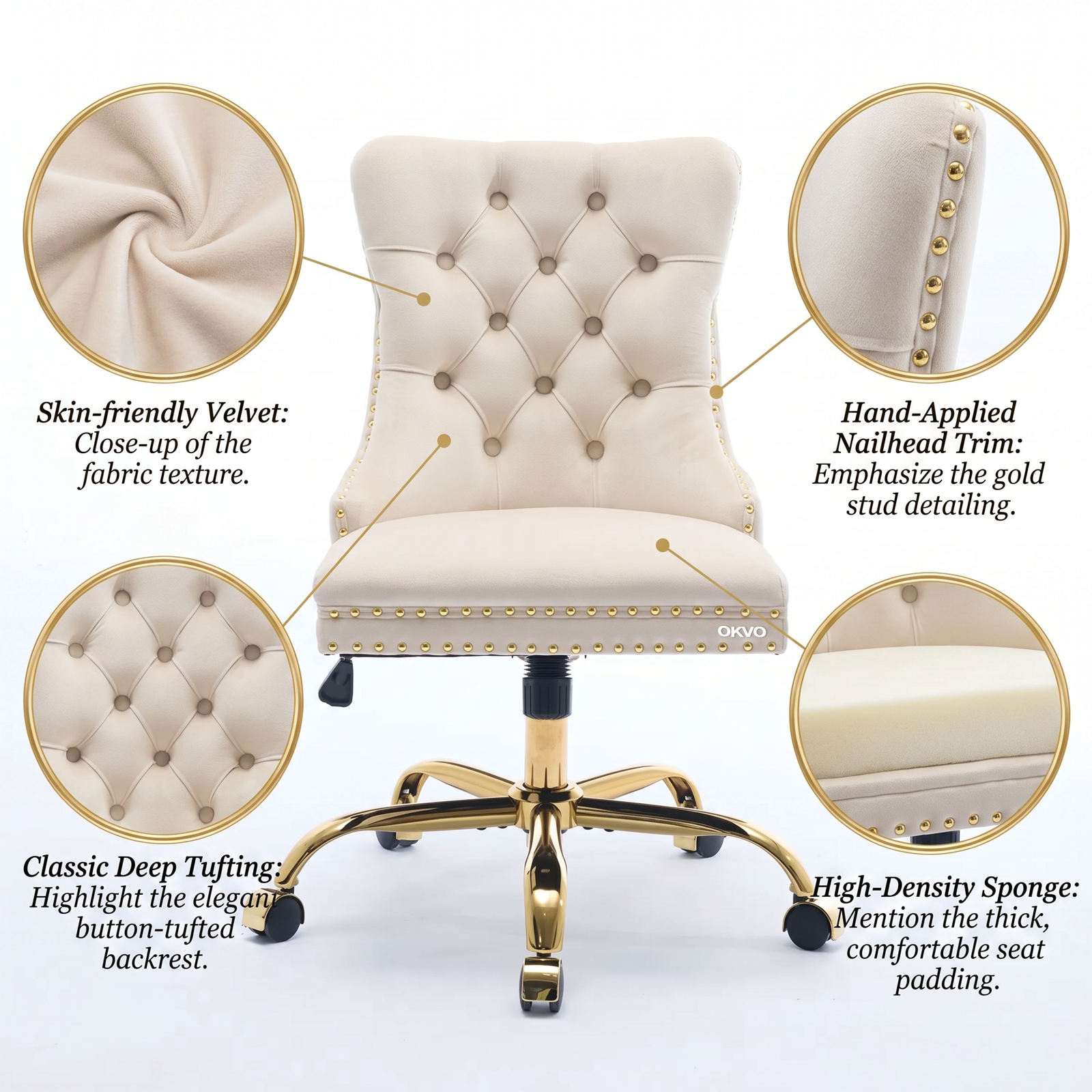 OKVO Velvet Home Office Chair with Tufted Back and Gold Metal Base, Beige