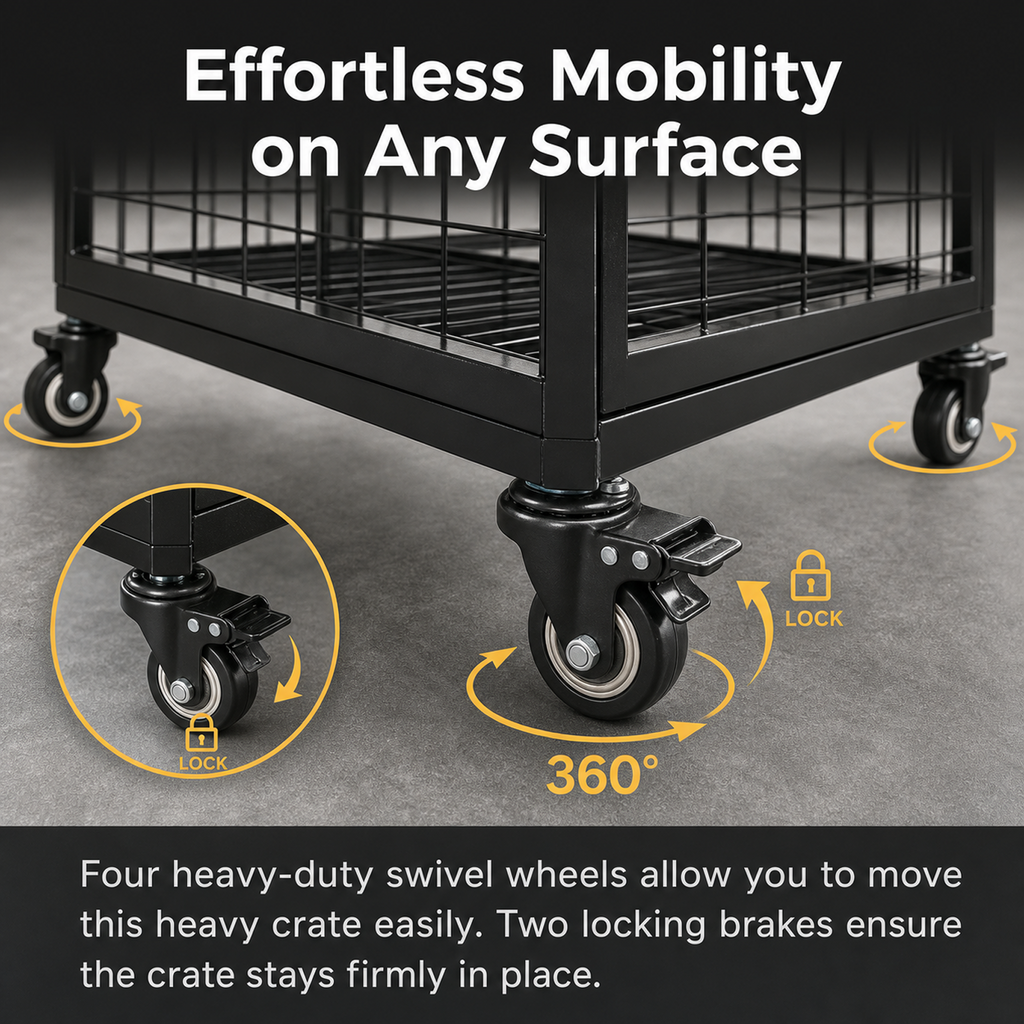 OKVO 36" Heavy Duty Dog Crate with Removable Tray, Lockable Wheels and Double Doors, Black