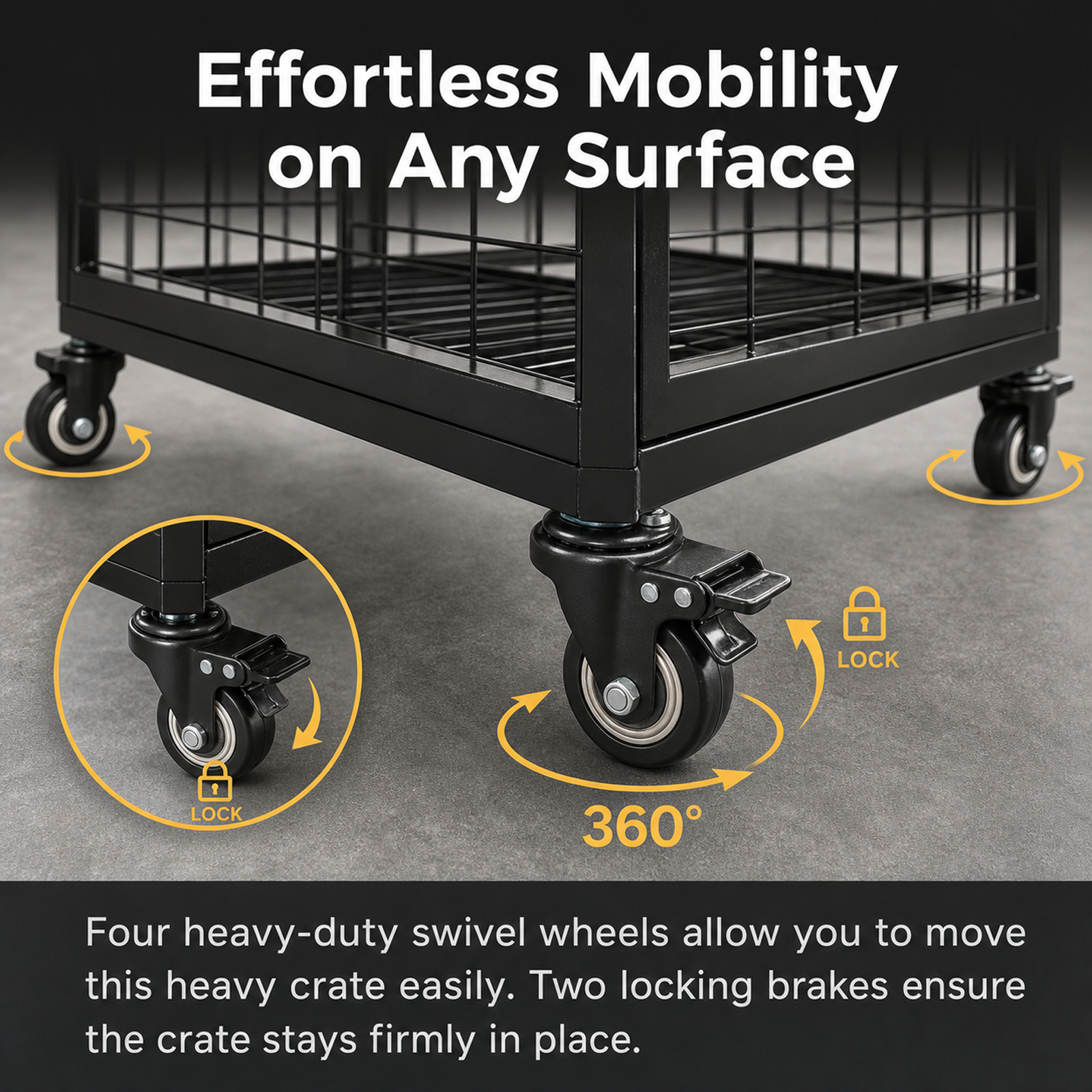 OKVO 36" Heavy Duty Dog Crate with Removable Tray, Lockable Wheels and Double Doors, Black