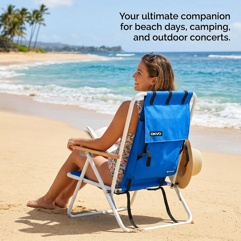 OKVO Portable Folding Beach Chair with Adjustable Headrest, Blue
