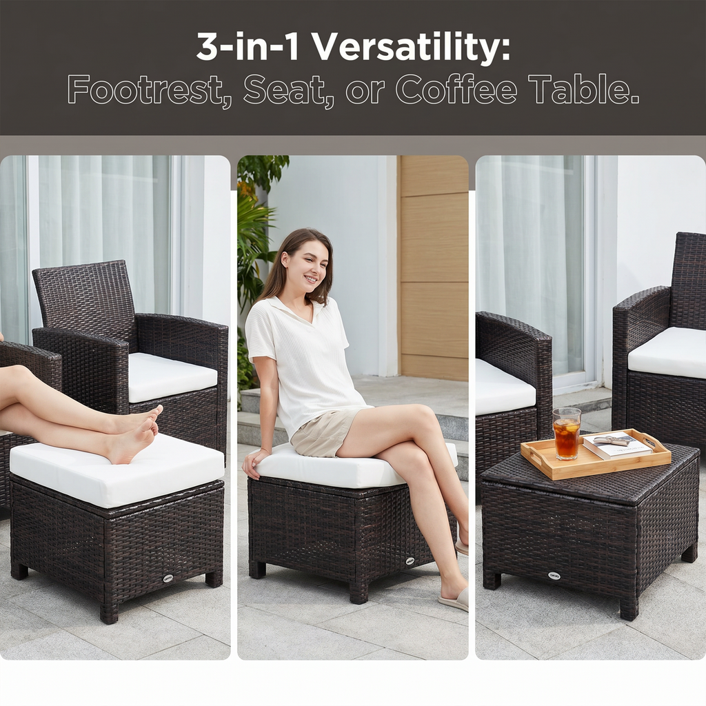 OKVO Outdoor Wicker Ottoman Footrest with Cushion, Dark Brown